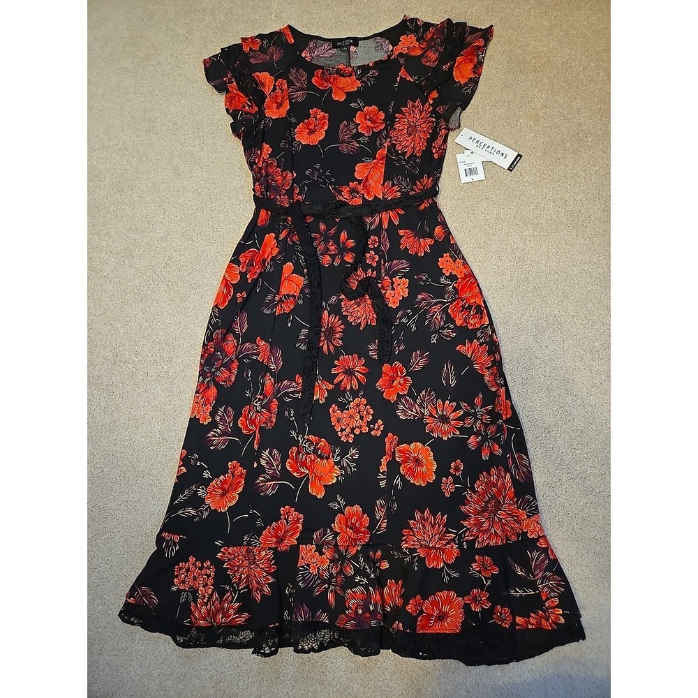 NWT Perceptions Short Sleeve Floral Midi Fit Flare Lace  Dress Sz L Black Red